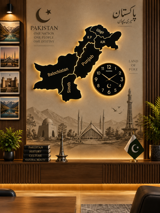 Pakistan Map Wall Decor with Clock